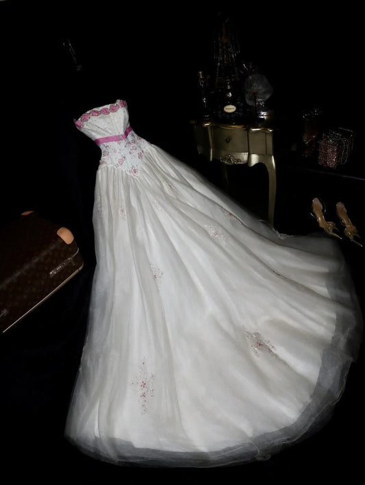 Sweet Strapless Sequins White Prom Dress Tulle Pink Floral A-Line Evening Dress GG6103