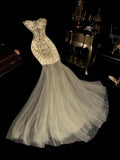 Unique Strapless Beige Prom Dress Beaded Tulle Mermaid Evening Dress GG6107