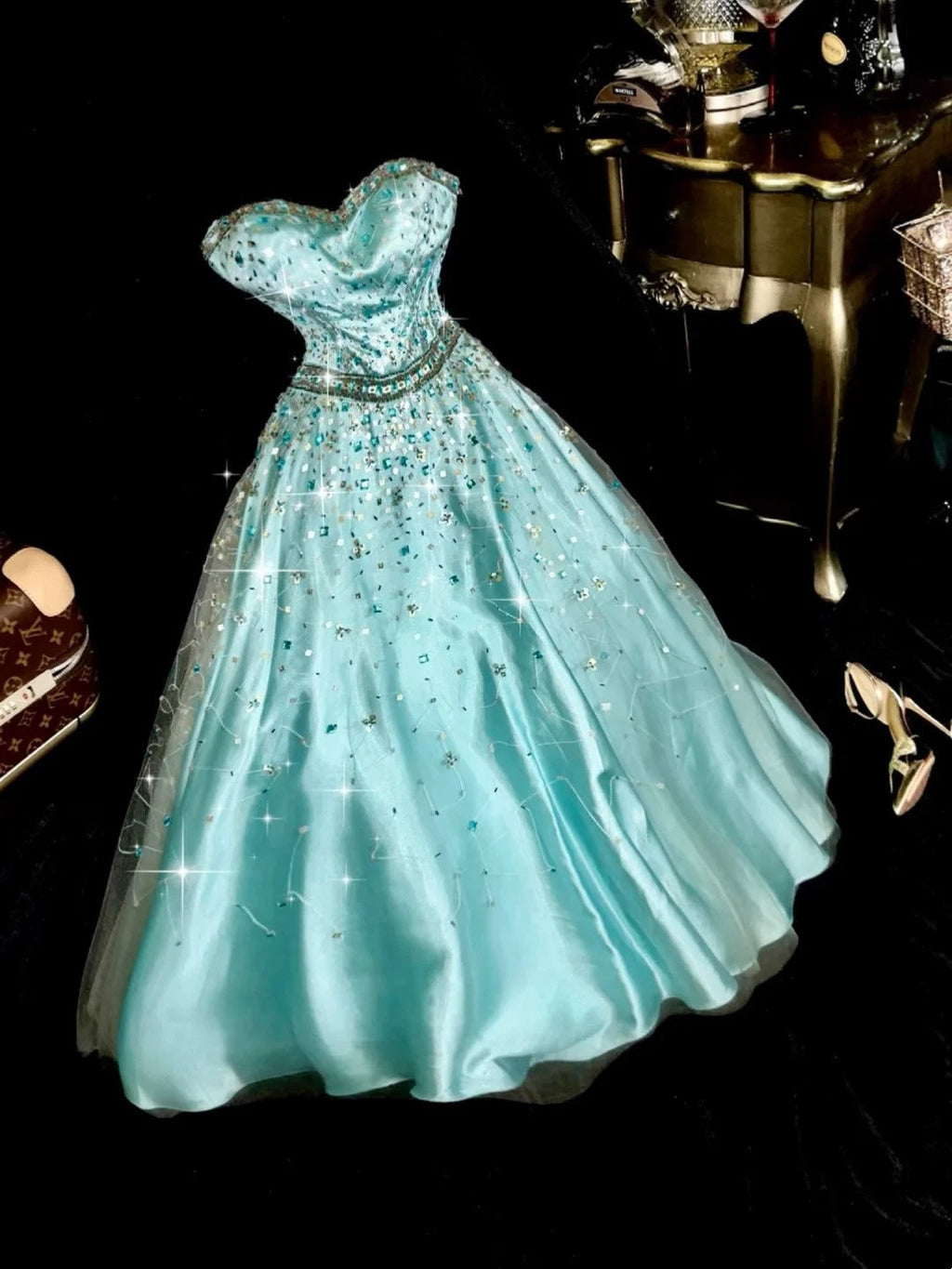 Glittering Strapless Blue Prom Dress Sequins Beaded A-Line Evening Dress GG6114