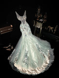 Sleek Jewel Neck Mint Green Prom Dress Embroidered Sequins Tulle Mermaid Evening Dress GG6115
