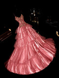 Charming Spaghetti Straps Pink Prom Dress Appliques Tiered Tulle A-Line Evening Dress GG6121