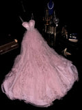 Enchanting Spaghetti Straps Pink Prom Dress Sequins Ruffles Tulle A-Line Evening Dress GG6129