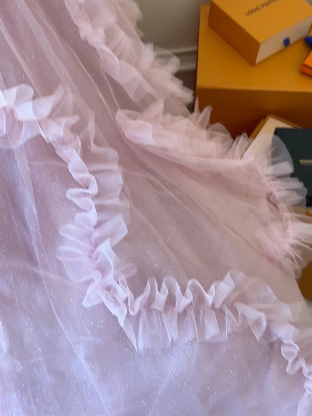 Enchanting Spaghetti Straps Pink Prom Dress Sequins Ruffles Tulle A-Line Evening Dress GG6129