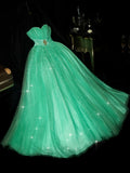 Unique Strapless Green Long Prom Dress Sequins Tulle A-Line Evening Dress GG6141