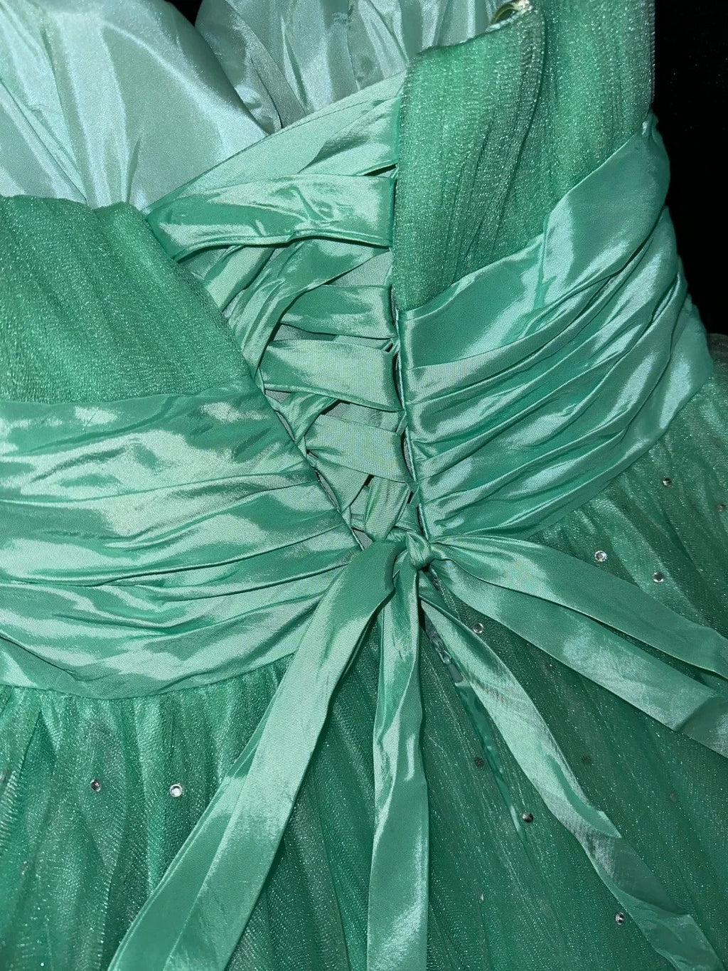 Unique Strapless Green Long Prom Dress Sequins Tulle A-Line Evening Dress GG6141