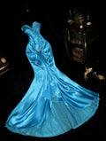 Vintage Strapless Blue Prom Dress Satin Sequins Mermaid Evening Dress GG6144
