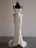 Simple Mermaid Square White Satin Straps Pleats BAck Bow Long Prom Dress,Evening Dress GG615