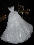 Romantic Strapless White Prom Dress Sequins Bows Tiered A-Line Evening Dress GG6158