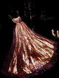Vintage Strapless Gold Prom Dress  Sequins Floral Tulle A-Line Evening Dress GG6160