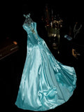 Elegant Halter Neck Blue Prom Dress High Slit Beading A-Line Evening Dress GG6163
