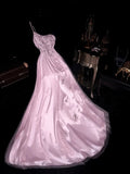 Lovely One Shoulder Pink Prom Dress Satin Sequins Tulle A-Line Evening Dress GG6166