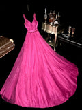 Y2K Style Spaghetti Straps Hot Pink Prom Dress Sequins A-Line Evening Dress GG6168