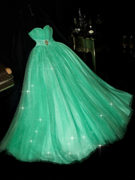 Chic Strapless Crystals Green Prom Dress Sequins Tulle A-Line Evening Dress GG6172