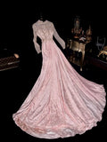 Luxury Beading Pink Prom Dress Long Sleeve A-Line Evening Dress GG6175
