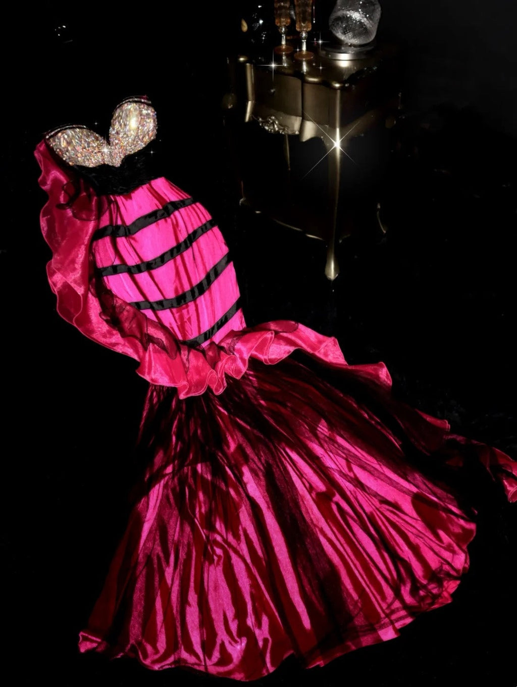 Trendy Strapless Hot Pink Prom Dress Rhinestones Mermaid Evening Dress GG6176