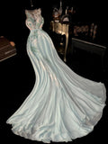 Retro Jewel Neck Pastel Green Prom Dress Appliques Lace A-Line Evening Dress GG6180