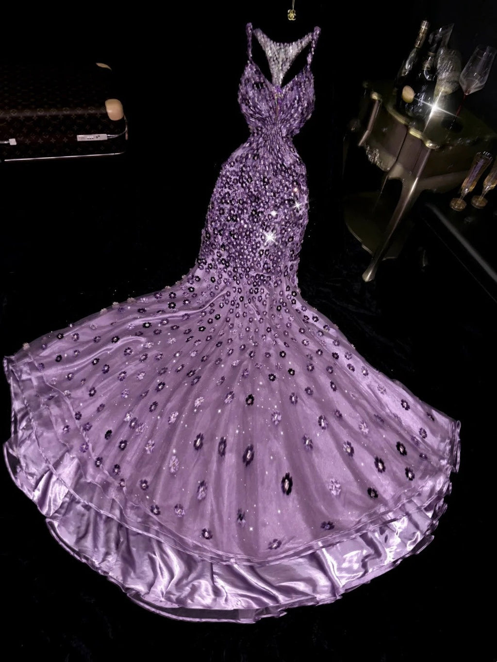Glamorous Spaghetti Straps Purple Prom Dress Appliques Rhinestones Mermaid Evening Dress GG6185