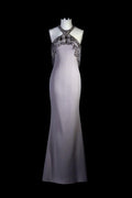 Chic Mermaid Black Lace Halter Lilac Satin Long Prom Dress,Evening Dress GG619
