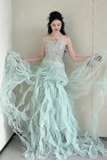 Ethereal Strapless Green Prom Dress Beading Ruffles Sheath Evening Dress GG6190
