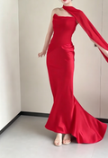 Retro Strapless Red Prom Dress With Scarf Satin Mermaid Evening Dress GG6193