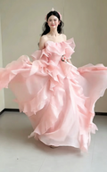 Sweet Off-Shoulder Pink Prom Dress Ruffles Tulle A-Line Evening Dress GG6194