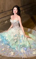 Unique Strapless Blue & Green Prom Dress Feather Sequins A-Line Evening Dress GG6204