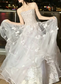 Alluring Strapless Pastel Pink Prom Dress Sequins Appliques Tulle A-Line Evening Dress GG6228