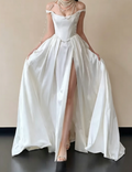 Chic Off-Shoulder White Wedding Dress High Slit Satin A-Line Bridal Dress GG6234