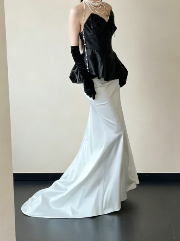 Vintage Strapless Black & White Prom Dress Satin Tiered Mermaid Evening Dress GG6239