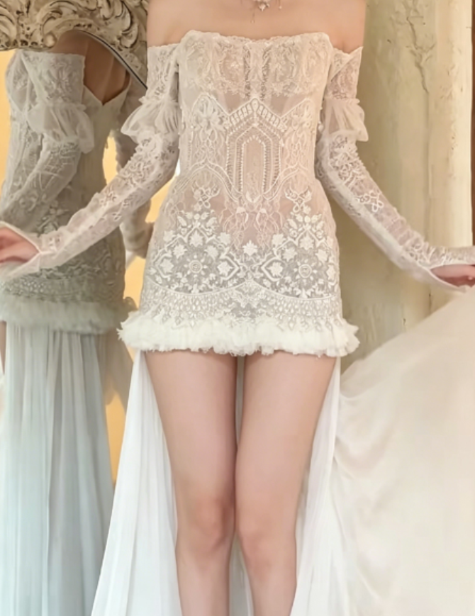 Unique Off-Shoulder White Wedding Dress Short Lace Pearls Sheath Bridal Dress GG6254
