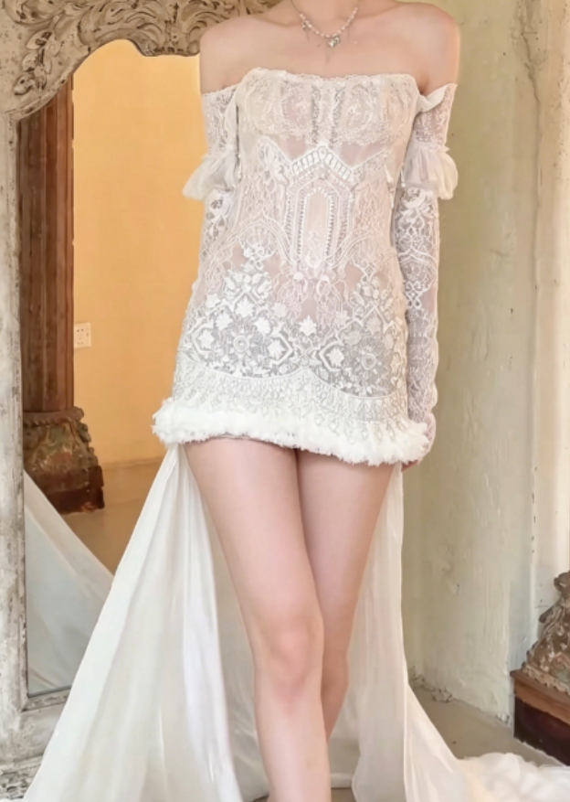 Unique Off-Shoulder White Wedding Dress Short Lace Pearls Sheath Bridal Dress GG6254
