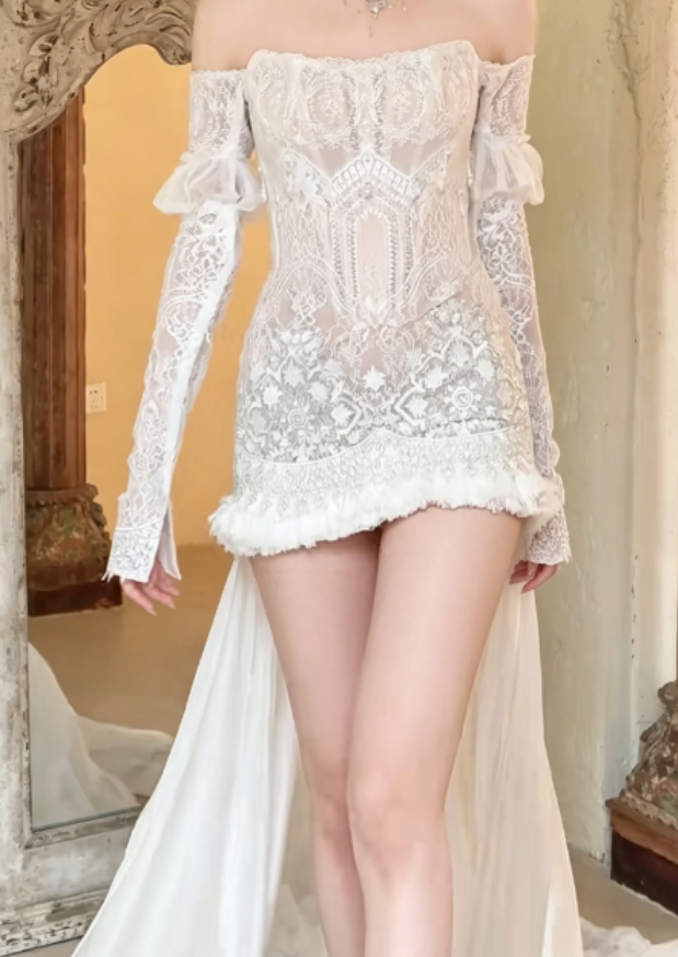 Unique Off-Shoulder White Wedding Dress Short Lace Pearls Sheath Bridal Dress GG6254
