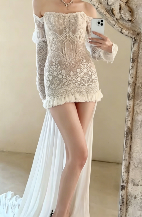 Unique Off-Shoulder White Wedding Dress Short Lace Pearls Sheath Bridal Dress GG6254