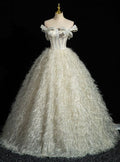 Fairy Ball Gown Strapless Bow Lvory Imitation Feather Long Prom Dress,Evening Dress GG626