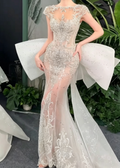 Luxurious Beaded Wedding Dress With Bow Train Short Sleeve Mermaid Bridal Dress GG6284