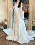 Charming Strapless Lace Wedding Dress With Sleeves Bow Train Mermaid Bridal Dress GG6312