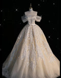 Cute Ball Gown Off The Shoulder Champagne Tulle Applique Long Prom Dress,Evening Dress GG632