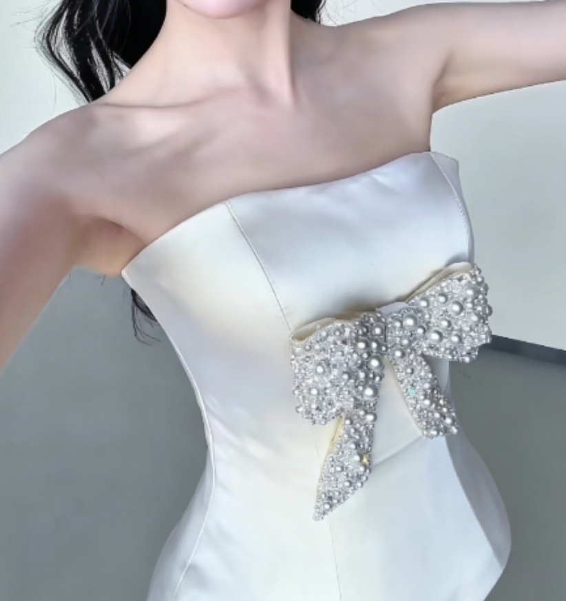 Luxury Strapless Homecoming Dress Pastel Yellow Birthday Outfit  Beaded Bow Party Dress GG6322