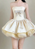 Luxury Strapless Homecoming Dress Pastel Yellow Birthday Outfit  Beaded Bow Party Dress GG6322