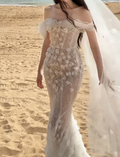 Glam Off-Shoulder Wedding Dress Sequins Tulle Mermaid Bridal Dress GG6329