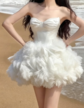 Graceful Strapless Homecoming Dress White Birthday Outfit Ruffled Tulle Party Dress GG6330