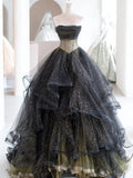 Glitter Ball Gown Strapless Dark Gray Tulle Sequin Long Prom Dress,Evening Dress GG634