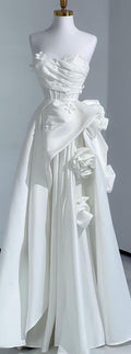 Fairy A Line Strapless Sweetheart White Satin Flower Long Prom Dress,Evening Dress GG636