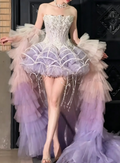 Lustrous Strapless Homecoming Dress Purple Birthday Outfit Beaded Tassel Party Dress GG6364