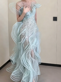 Luxury Illusion Neck Blue Prom Dress Sequins Ruffles Mermaid Evening Dress GG6370