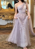 Ethereal One Shoulder Purple Prom Dress  Beaded Tulle A-Line Evening Dress GG6381