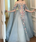 Chic Off-Shoulder Blue Prom Dress Long Sleeve Appliques Tulle A-Line Evening Dress GG6382