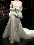 Elegant Strapless Ruffles White Wedding Dress Sequins Beaded Mermaid Bridal Dress GG6425