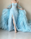 Romantic Off-Shoulder Slit Blue Prom Dress Sequins Ruffles A-Line Evening Dress GG6428