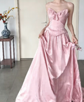 Sweet Strapless Pink Prom Dress Jacquard Bow A-Line Evening Dress GG6436